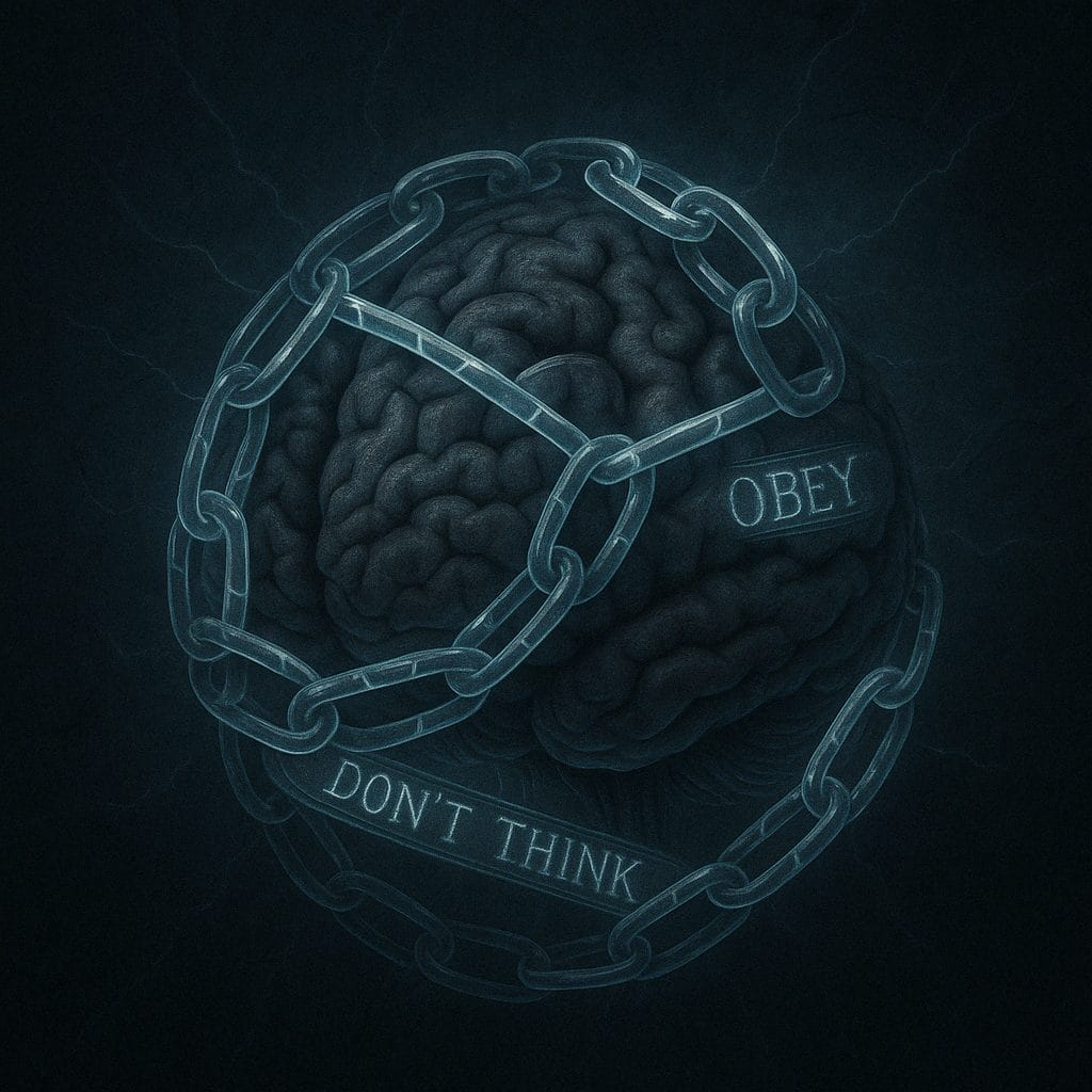 A brain in glowing chains with Watchtower phrases, set in a stormy void, depicting Jehovah’s Witnesses’ cult programming over ex-JWs’ minds.