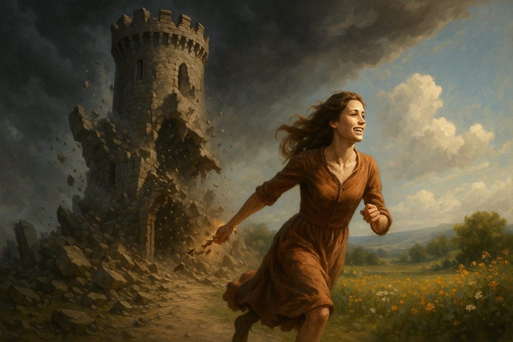 Woman escaping a crumbling Watchtower in dramatic landscape, symbolizing freedom from cult control, with dark storm clouds behind and a blooming countryside ahead