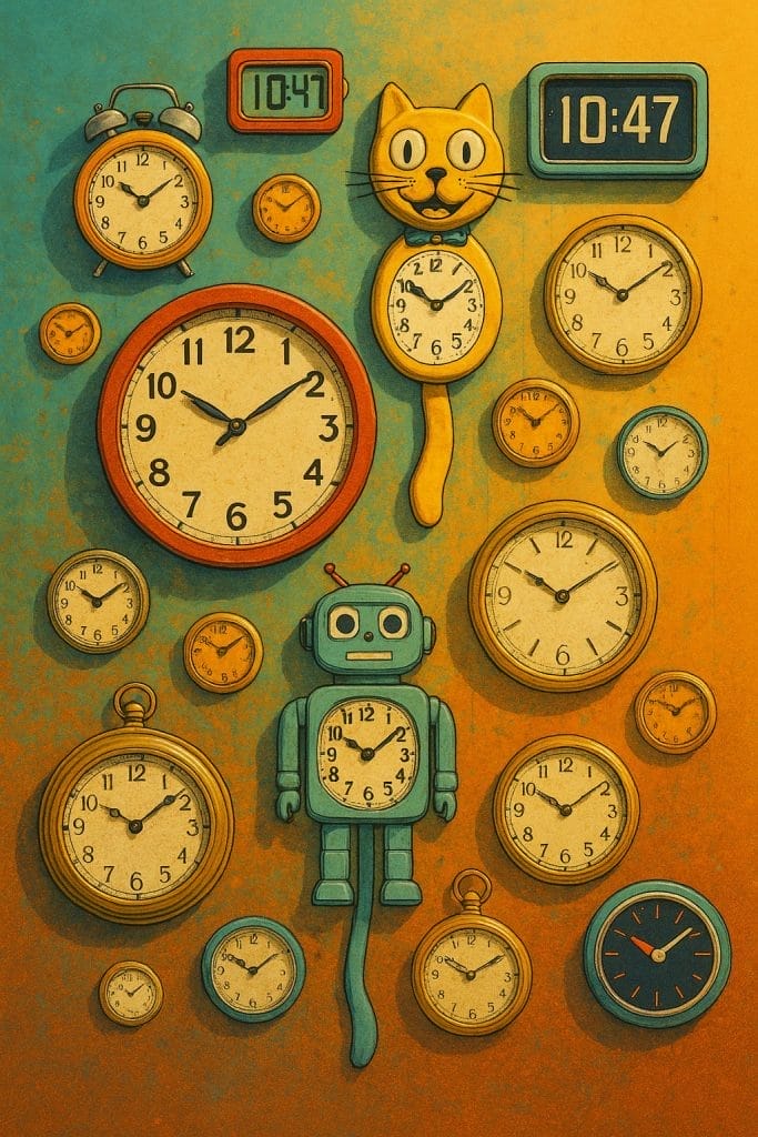 Retro-futuristic wall filled with colorful mismatched clocks from different eras, symbolizing failed prophetic timelines and divergent beliefs in Jehovah’s Witness prophecy deconstruction.