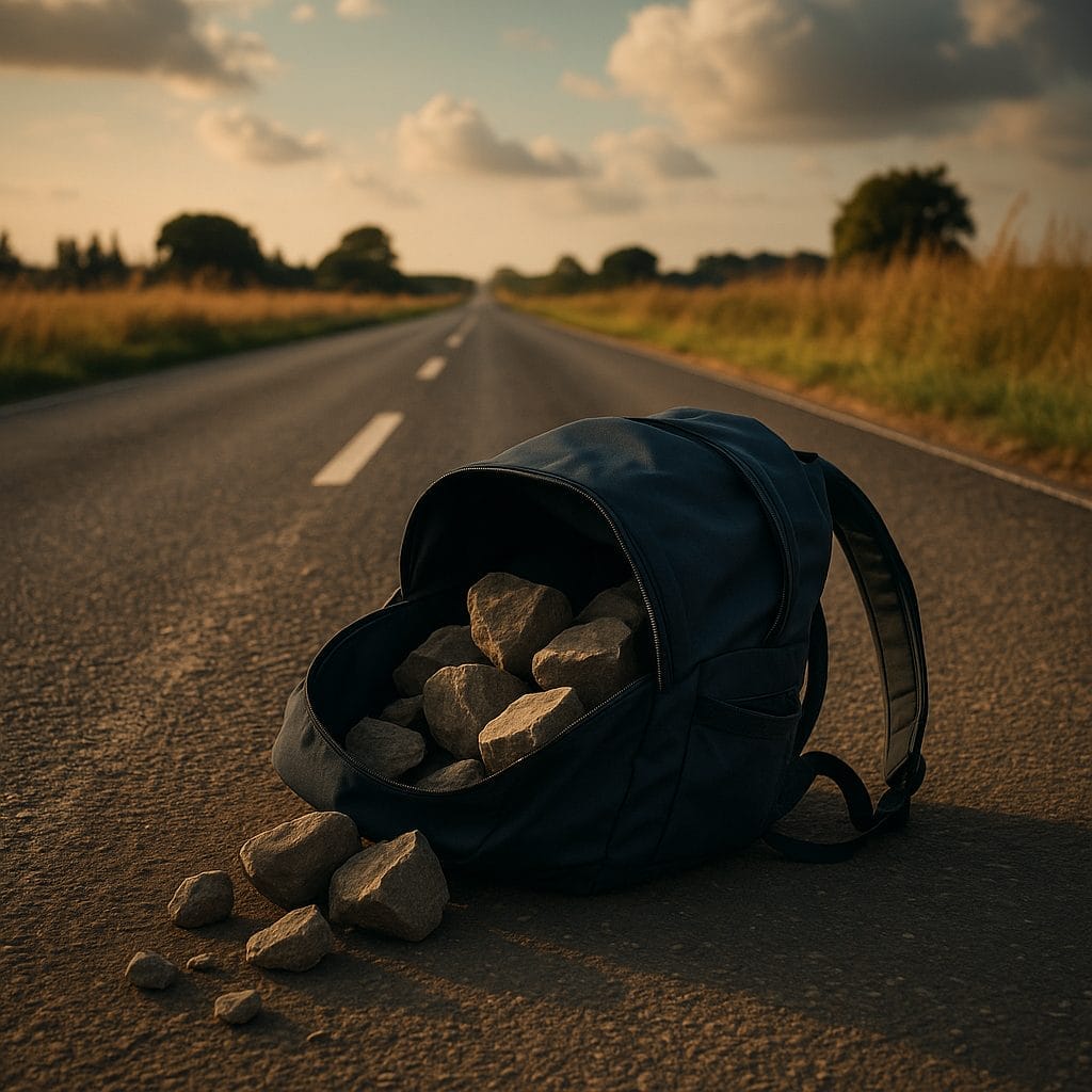 What About All the Lost Time? Recovering from Cult Trauma and Reclaiming Your Future Abandoned navy backpack on an empty road, spilling rocks onto the pavement — symbolizing the emotional weight and burdens discarded after leaving a high-control group