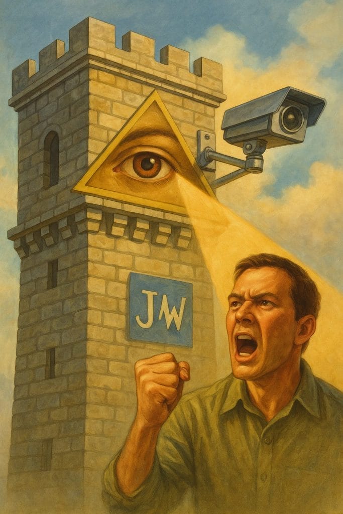 A symbolic tower marked with “JW” features a glowing eye inside a golden triangle, watching a defiant man below. A surveillance camera adds to the theme of control and scrutiny.