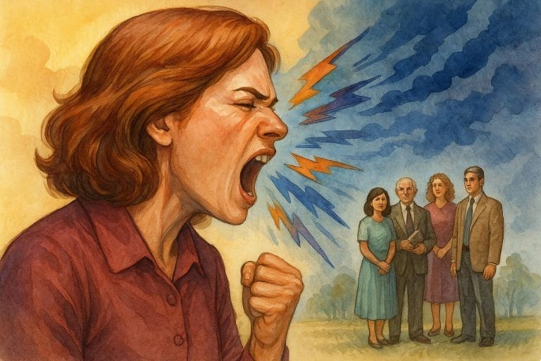 A stylized watercolor illustration of a woman shouting with vivid color bursts emanating from her mouth. On the opposite side, several Jehovah’s Witnesses watch with mixed concern and distance. The scene is emotionally charged, capturing both raw expression and social judgment.